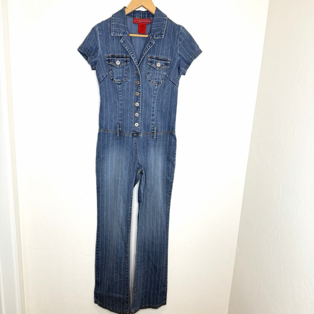 Hot Kiss Y2K Denim Jumpsuit Womens Small Button Up Blue Striped Short Sleeve